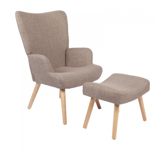 Πολυθρόνα-μπερζέρα με υποπόδιο Gerlina γκρι-μπεζ ύφασμα με πόδι σε φυσική απόχρωση 71x64x94εκ Υλικό: 100 %  POLYESTER FABRIC - METAL FRAME - FOAM - RUBBERWOOD 393-000009