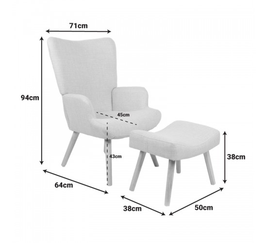 Πολυθρόνα-μπερζέρα με υποπόδιο Gerlina γκρι-μπεζ ύφασμα με πόδι σε φυσική απόχρωση 71x64x94εκ Υλικό: 100 %  POLYESTER FABRIC - METAL FRAME - FOAM - RUBBERWOOD 393-000009