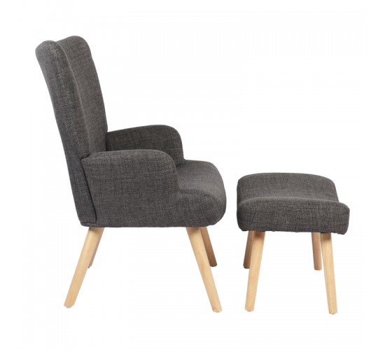 Πολυθρόνα-μπερζέρα με υποπόδιο Gerlina ανθρακί ύφασμα με πόδι σε φυσική απόχρωση 71x64x94εκ Υλικό: 100 %  POLYESTER FABRIC - METAL FRAME - FOAM - RUBBERWOOD 393-000010