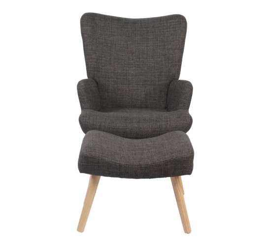 Πολυθρόνα-μπερζέρα με υποπόδιο Gerlina ανθρακί ύφασμα με πόδι σε φυσική απόχρωση 71x64x94εκ Υλικό: 100 %  POLYESTER FABRIC - METAL FRAME - FOAM - RUBBERWOOD 393-000010