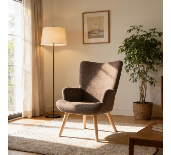 Πολυθρόνα-μπερζέρα Gerlina καφέ ύφασμα με πόδι σε φυσική απόχρωση 71x64x94εκ Υλικό: 100 %  POLYESTER FABRIC - METAL FRAME - FOAM - RUBBERWOOD 393-000027