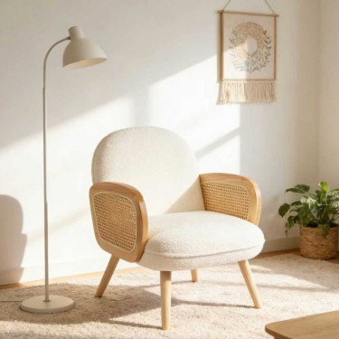 Πολυθρόνα Stedy λευκό μπουκλέ ύφασμα με πόδι σε φυσική απόχρωση 78x64x82εκ Υλικό: 100 %  POLYESTER FABRIC - METAL FRAME - FOAM - RUBBERWOOD 393-000028