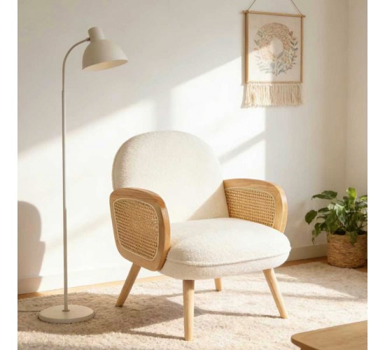 Πολυθρόνα Stedy λευκό μπουκλέ ύφασμα με πόδι σε φυσική απόχρωση 78x64x82εκ Υλικό: 100 %  POLYESTER FABRIC - METAL FRAME - FOAM - RUBBERWOOD 393-000028