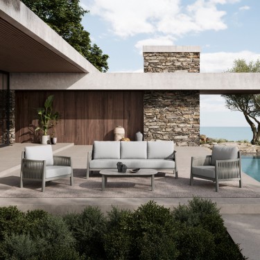 Σαλόνι εξωτερικού χώρου Feralda μπεζ αλουμίνιο-rope με ύφασμα σε απόχρωση ανοιχτό γκρι Υλικό: ALUMINUM - FABRIC - PP COTTON - SPONGE - GLASS - POLYESTER ROPE 394-000005