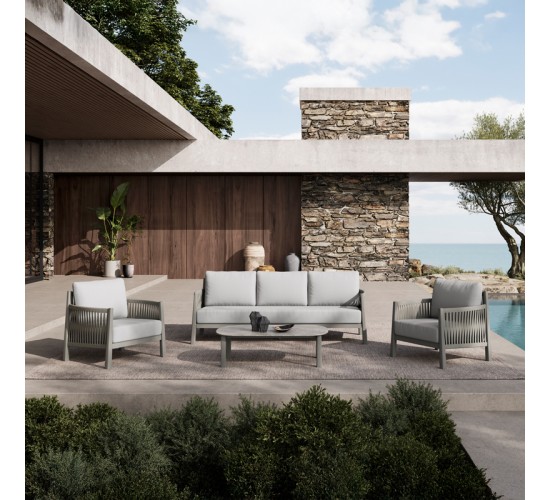 Σαλόνι εξωτερικού χώρου Feralda μπεζ αλουμίνιο-rope με ύφασμα σε απόχρωση ανοιχτό γκρι Υλικό: ALUMINUM - FABRIC - PP COTTON - SPONGE - GLASS - POLYESTER ROPE 394-000005