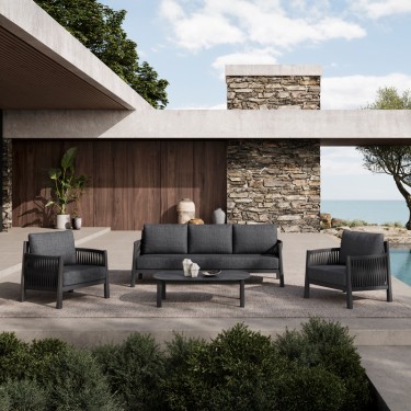 Σαλόνι εξωτερικού χώρου Feralda ανθρακί αλουμίνιο-rope με ύφασμα σε ανθρακί απόχρωση Υλικό: ALUMINUM - FABRIC - PP COTTON - SPONGE - GLASS - POLYESTER ROPE 394-000006