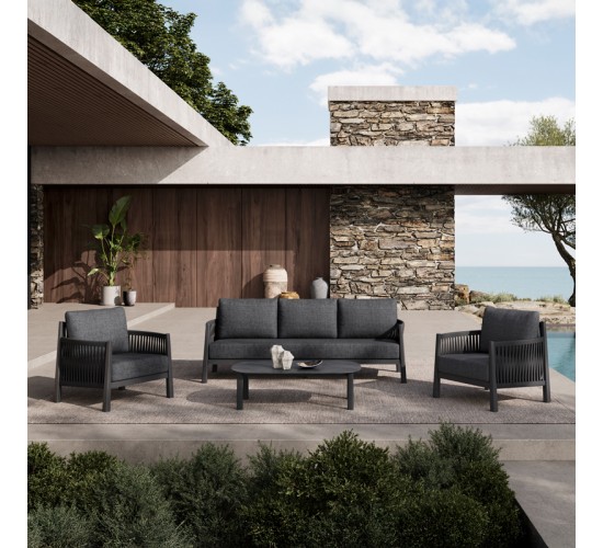 Σαλόνι εξωτερικού χώρου Feralda ανθρακί αλουμίνιο-rope με ύφασμα σε ανθρακί απόχρωση Υλικό: ALUMINUM - FABRIC - PP COTTON - SPONGE - GLASS - POLYESTER ROPE 394-000006