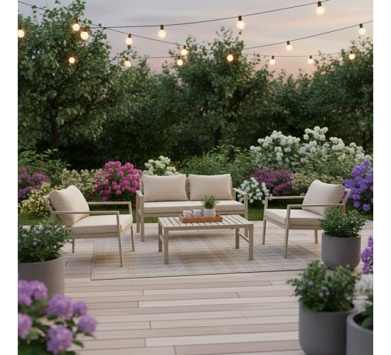 Σαλόνι Gardenly σετ 4τμχ αλουμίνιο σε απόχρωση cappuccino με μπεζ μαξιλάρια Υλικό: Alu frame. Polyester 401-000003