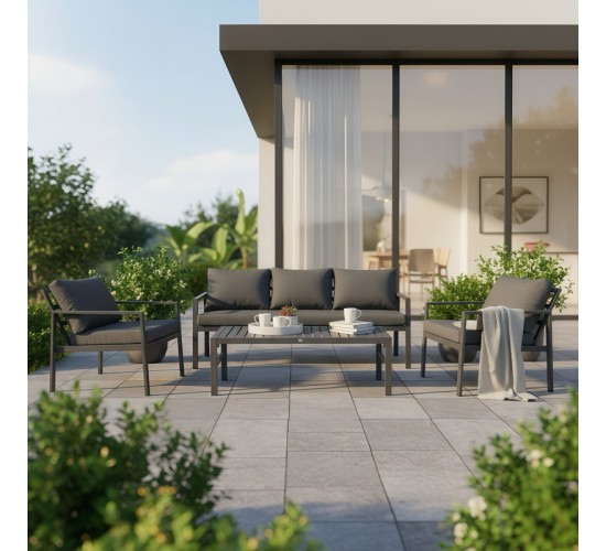 Σαλόνι Gardenly Ι σετ 4τμχ αλουμίνιο σε ανθρακί απόχρωση με ανθρακί μαξιλάρια Υλικό: Alu frame. Polyester 401-000004