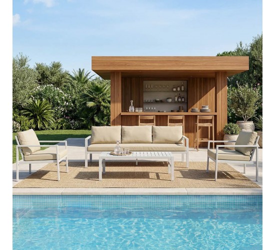 Σαλόνι Gardenly Ι σετ 4τμχ αλουμίνιο σε λευκή απόχρωση με γκρι-μπεζ μαξιλάρια Υλικό: Alu frame. Polyester 401-000005