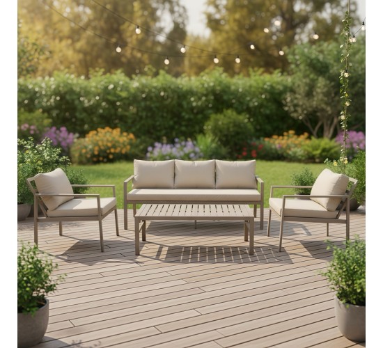 Σαλόνι Gardenly Ι σετ 4τμχ αλουμίνιο σε απόχρωση cappuccino με γκρι-μπεζ μαξιλάρια Υλικό: Alu frame. Polyester 401-000006