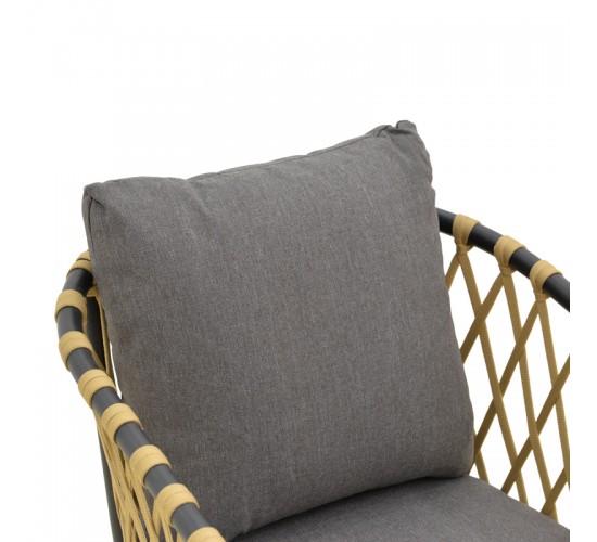 Πολυθρόνα Peluxe αλουμίνιο ανθρακί-pe σχοινί φυσικό-μαξιλάρια γκρι 57x60x78εκ Υλικό: Alum size:Ø25/Ø19*1.1mm. Rope SIZE:15*4MM 404-000001