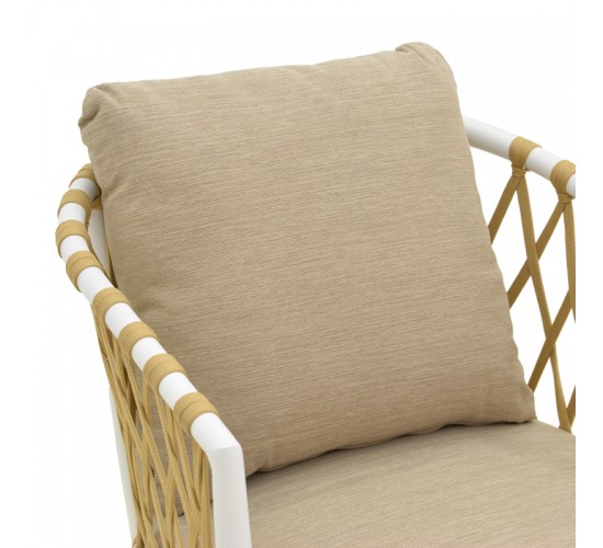 Πολυθρόνα Peluxe αλουμίνιο λευκό-pe σχοινί φυσικό-μαξιλάρια μπεζ 57x60x78εκ Υλικό: Alum size:Ø25/Ø19*1.1mm. Rope SIZE:15*4MM 404-000002