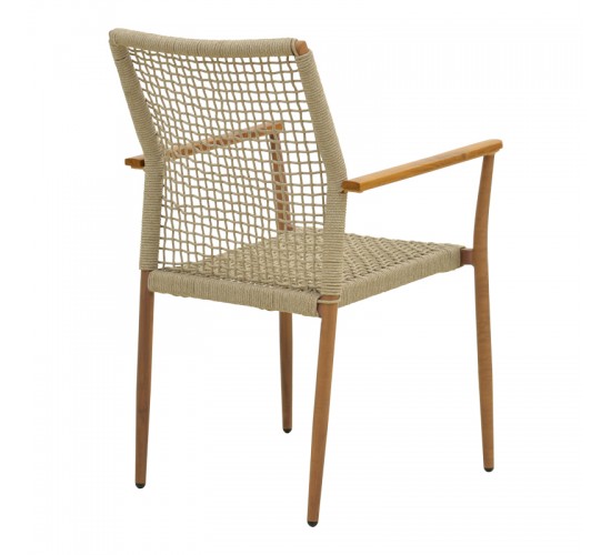 Πολυθρόνα Solana στοιβαζόμενη- teak ξύλο- αλουμίνιο σε καφέ-pe σχοινί σε φυσική απόχρωση 56x57x95εκ Υλικό: TEAK WOOD-Alum size:Ø25/Ø19*1.2mm. Rope SIZE:Ø5MM 404-000003