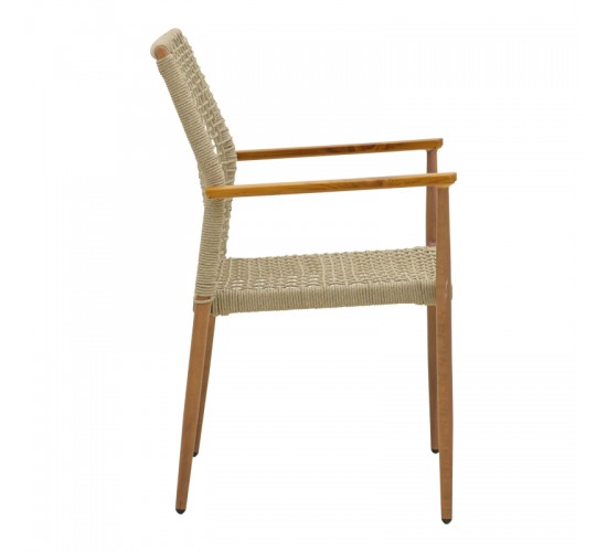 Πολυθρόνα Solana στοιβαζόμενη- teak ξύλο- αλουμίνιο σε καφέ-pe σχοινί σε φυσική απόχρωση 56x57x95εκ Υλικό: TEAK WOOD-Alum size:Ø25/Ø19*1.2mm. Rope SIZE:Ø5MM 404-000003