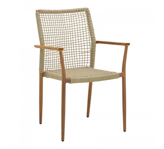 Πολυθρόνα Solana στοιβαζόμενη- teak ξύλο- αλουμίνιο σε καφέ-pe σχοινί σε φυσική απόχρωση 56x57x95εκ Υλικό: TEAK WOOD-Alum size:Ø25/Ø19*1.2mm. Rope SIZE:Ø5MM 404-000003