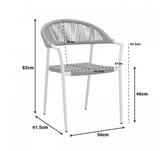 Πολυθρόνα Ammos στοιβαζόμενη αλουμίνιο σε λευκή- pe σχοινί σε φυσική απόχρωση 57x61x82εκ Υλικό: Alum size:Ø22*1.1mm. Rope SIZE:Ø5MM 404-000027