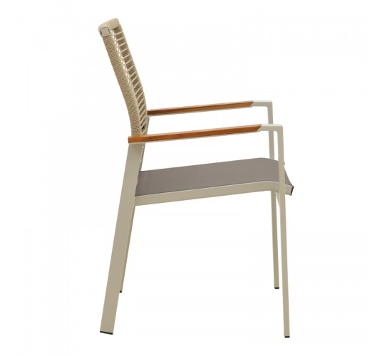 Πολυθρόνα Aegean στοιβαζόμενη -teak- αλουμίνιο κ textline σε κρεμ-pe σχοινί σε φυσική απόχρωση 57x64x87εκ Υλικό: .Alum size:Ø25/Ø19*1.2mm. Rope SIZE:Ø5MM-Teak on handrail 404-000031