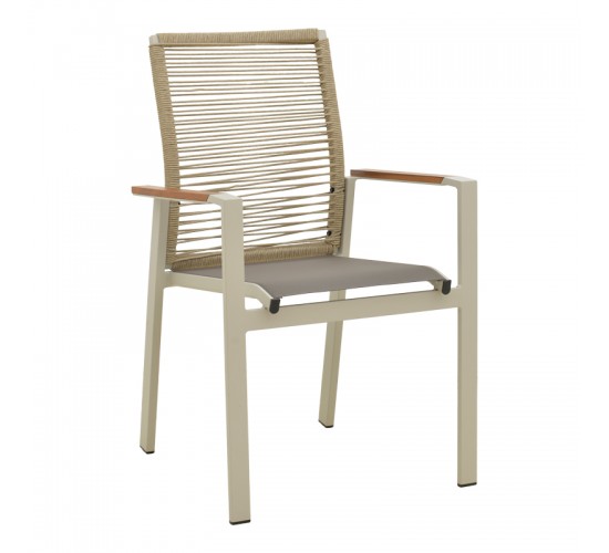 Πολυθρόνα Aegean στοιβαζόμενη -teak- αλουμίνιο κ textline σε κρεμ-pe σχοινί σε φυσική απόχρωση 57x64x87εκ Υλικό: .Alum size:Ø25/Ø19*1.2mm. Rope SIZE:Ø5MM-Teak on handrail 404-000031