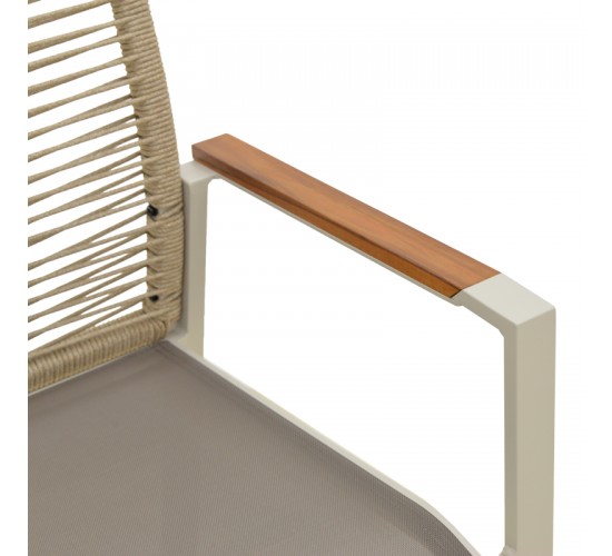 Πολυθρόνα Aegean στοιβαζόμενη -teak- αλουμίνιο κ textline σε κρεμ-pe σχοινί σε φυσική απόχρωση 57x64x87εκ Υλικό: .Alum size:Ø25/Ø19*1.2mm. Rope SIZE:Ø5MM-Teak on handrail 404-000031