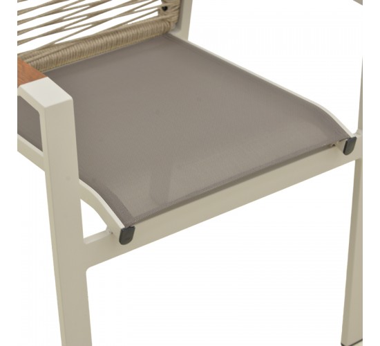 Πολυθρόνα Aegean στοιβαζόμενη -teak- αλουμίνιο κ textline σε κρεμ-pe σχοινί σε φυσική απόχρωση 57x64x87εκ Υλικό: .Alum size:Ø25/Ø19*1.2mm. Rope SIZE:Ø5MM-Teak on handrail 404-000031