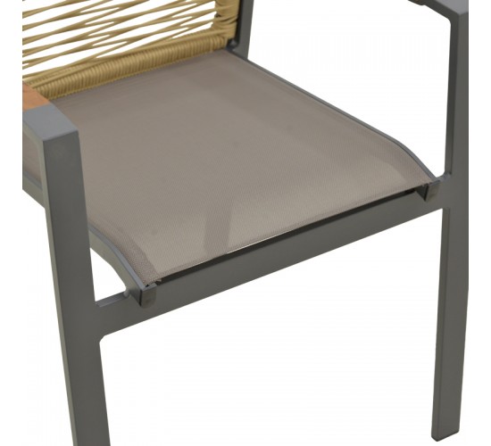 Πολυθρόνα Aegean στοιβαζόμενη teak-pe σχοινί σε φυσική - αλουμίνιο κ textline σε ανθρακί απόχρωση 57x64x87εκ Υλικό: Alum size:Ø25/Ø19*1.2mm. Rope SIZE:Ø5MM-Teak on handrail 404-000032