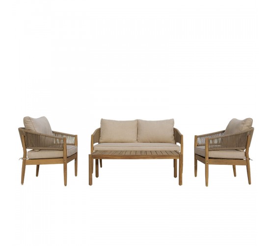 Σαλόνι εξωτερικού χώρου Lemanda μασίφ ξύλο ακακίας με σχοινί και μπεζ μαξιλάρια Υλικό: ACACIA WOOD - ROPE - FABRIC 405-000001