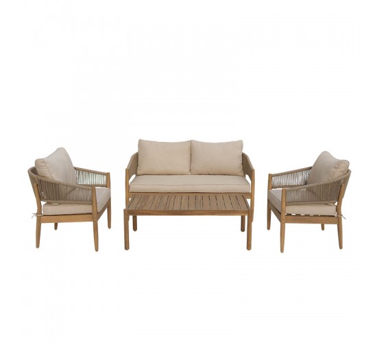 Σαλόνι εξωτερικού χώρου Lemanda μασίφ ξύλο ακακίας με σχοινί και μπεζ μαξιλάρια Υλικό: ACACIA WOOD - ROPE - FABRIC 405-000001
