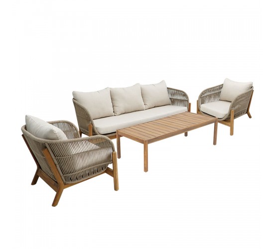 Σαλόνι εξωτερικού χώρου Verilan μασίφ ξύλο ακακίας με σχοινί και μπεζ μαξιλάρια Υλικό: ACACIA WOOD - ROPE - FABRIC - ALU 405-000002