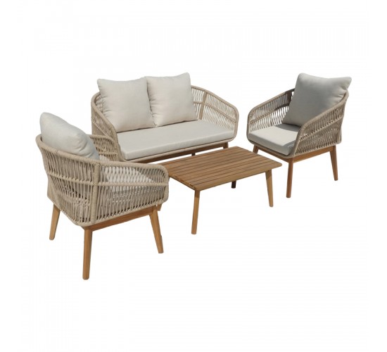 Σαλόνι εξωτερικού χώρου Macrena μασίφ ξύλο ακακίας με σχοινί και μπεζ μαξιλάρια Υλικό: ACACIA WOOD - ROPE - FABRIC 405-000010