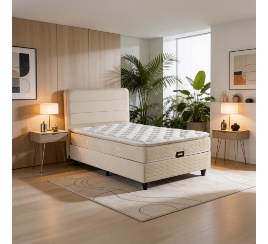 Κρεβάτι ημίδιπλο Linteda με αποθηκευτικό χώρο κρεμ βελούδο 120x200εκ 424-000007