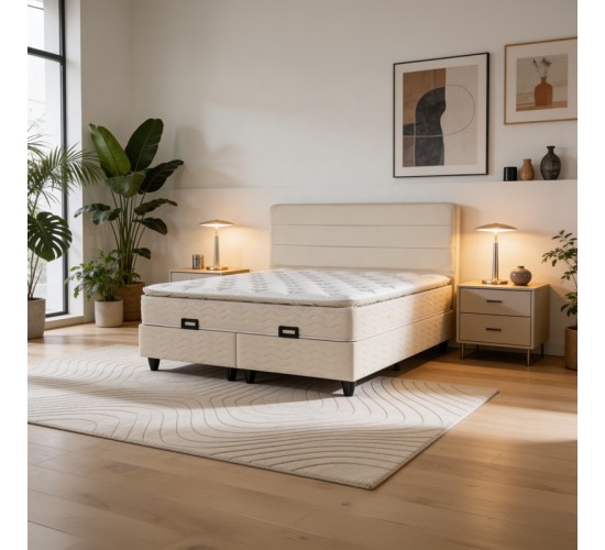 Κρεβάτι διπλό Linteda με αποθηκευτικό χώρο κρεμ βελούδο 160x200εκ 424-000008