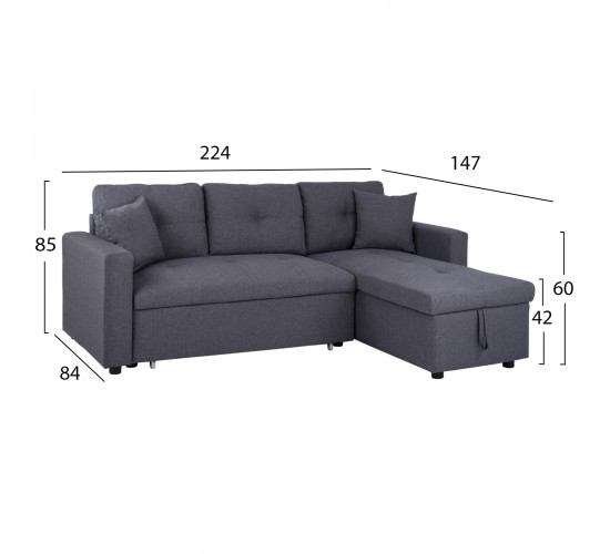 ΚΑΝΑΠΕΣ ΓΩΝΙΑ ΚΡΕΒΑΤΙ WAYNE 224x147x85Υεκ. HM3028.11 ΓΚΡΙ ΥΦΑΣΜΑ