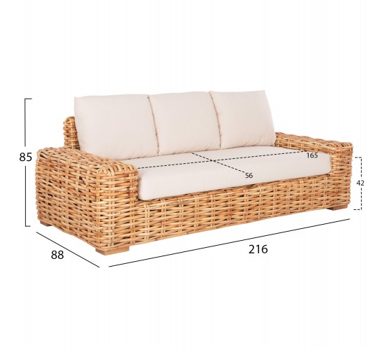 ΚΑΝΑΠΕΣ ΤΡΙΘΕΣΙΟΣ ΕΞ.ΧΩΡΟΥ TROPEL HM9808 ΞΥΛΟ MANGO-RATTAN ΦΥΣΙΚΟ-ΛΕΥΚΑ ΜΑΞΙΛΑΡΙΑ 216x88x85Υεκ 3θέσιος