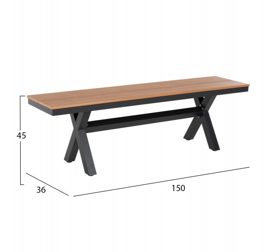 ΠΑΓΚΑΚΙ ΑΛΟΥΜΙΝΙΟΥ TAWNEE HM6038.01 ΑΝΘΡΑΚΙ ΜΕ POLYWOOD ΚΑΘΙΣΜΑ ΣΕ ΦΥΣΙΚΟ ΧΡΩΜΑ 150x36x45Υεκ. 3θέσιο
