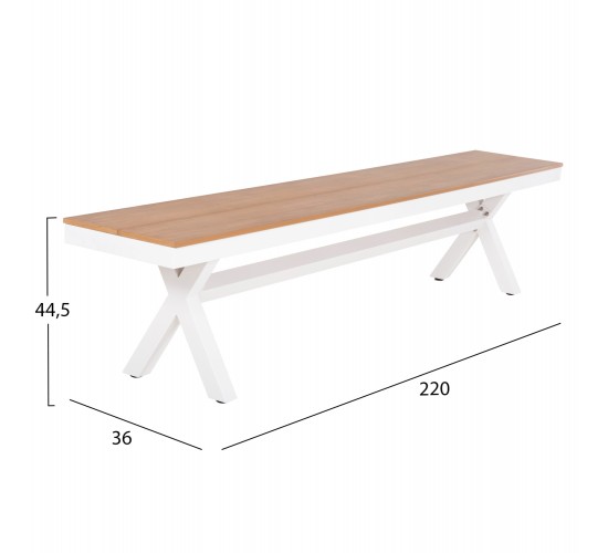 ΠΑΓΚΑΚΙ ΑΛΟΥΜΙΝΙΟΥ TAWNEE HM6040.02 ΛΕΥΚΟ-POLYWOOD ΚΑΘΙΣΜΑ ΦΥΣΙΚΟ 220x36x44,5Υεκ. 4θέσιο