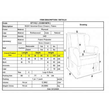 ROSY Πολυθρόνα - Μπερζέρα Φυσικό, Ύφασμα Εκρού  76x80x103cm [-Εκρού-] [-Ύφασμα-] Ε7118,3