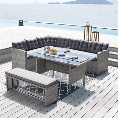CENTER Set Σαλόνι Καθιστικό - Γωνιακή Τραπεζαρία Κήπου, Μέταλλο-Wicker Γκρι  Μαξιλάρια  Τραπέζι Καναπές Γωνία Πάγκος [-Γκρι-] [-Wicker-, -Μέταλλο-] Ε6852