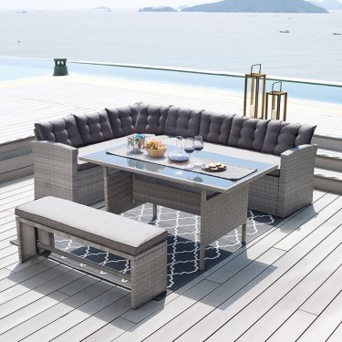 CENTER Set Σαλόνι Καθιστικό - Γωνιακή Τραπεζαρία Κήπου, Μέταλλο-Wicker Γκρι  Μαξιλάρια  Τραπέζι Καναπές Γωνία Πάγκος [-Γκρι-] [-Wicker-, -Μέταλλο-] Ε6852