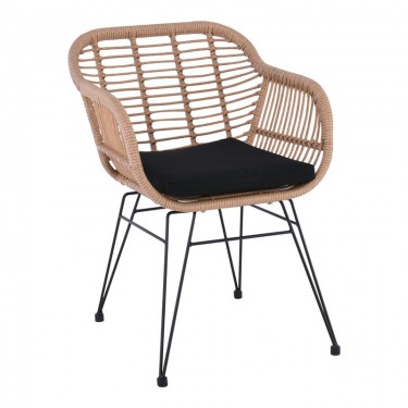 SALSA Πολυθρόνα Τραπεζαρίας Κήπου, Μέταλλο Βαφή Μαύρο, Wicker Φυσικό, Μαξιλάρι Μαύρο  56x61x85cm [-Μαύρο-, -Φυσικό-] [-Wicker-, -Μέταλλο-] Ε244,Κ