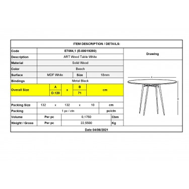 ART Wood Τραπέζι Ροτόντα Τραπεζαρίας-Κουζίνας, Πόδια Οξιά Φυσικό, Επιφ.MDF Άσπρο  Φ120cm H.71cm [-Άσπρο-, -Φυσικό-] [-Ξύλο-] Ε7084,1