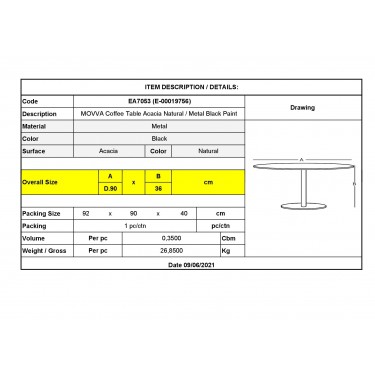 MOVVA Τραπεζάκι Σαλονιού Καθιστικού, Μέταλλο Βαφή Μαύρο, Ξύλο Ακακία Φυσικό  Φ90xH.36cm [-Μαύρο-, -Φυσικό-] [-Μέταλλο-, -Ξύλο-] ΕΑ7053