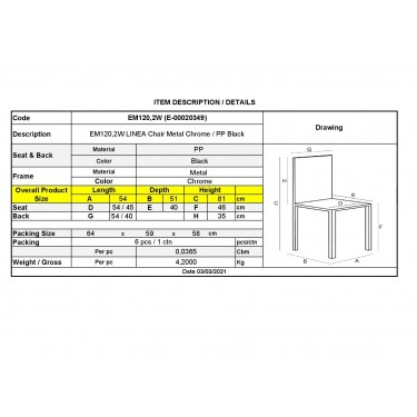 LINEA Καρέκλα Τραπεζαρίας Κουζίνας, Μέταλλο Χρώμιο  Πολυπροπυλένιο Μαύρο  54x51x81cm [-Μαύρο-, -Χρώμιο - Inox-] [-PP - PC - ABS-, -Μέταλλο-] ΕΜ120,2W