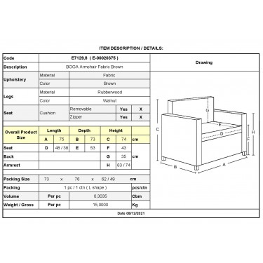BOGA Πολυθρόνα Σαλονιού Καθιστικού, Ύφασμα Καφέ  75x73x74cm [-Καφέ-] [-Ύφασμα-] Ε7129,8
