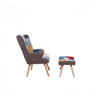 MARON Set: Πολυθρόνα Μπερζέρα   Σκαμπό Υποπόδιο, Ξύλο Φυσικό, Ύφασμα Patchwork  69x76x97   52x38x35cm [-Patchwork-] [-Ύφασμα-] ΕΜ143,4S
