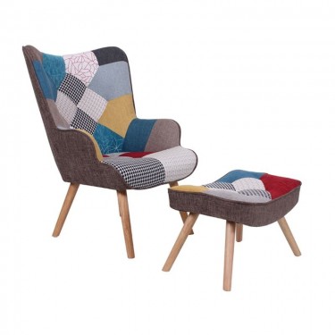 MARON Set: Πολυθρόνα Μπερζέρα   Σκαμπό Υποπόδιο, Ξύλο Φυσικό, Ύφασμα Patchwork  69x76x97   52x38x35cm [-Patchwork-] [-Ύφασμα-] ΕΜ143,4S