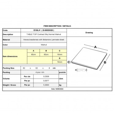 Contract Sliq Normal Επιφάνεια Τραπεζιού τ.Werzalit, Απόχρωση Walnut  60x60cm/16mm [-Καρυδί-] [-Melamine Laminated-] Ε106,41