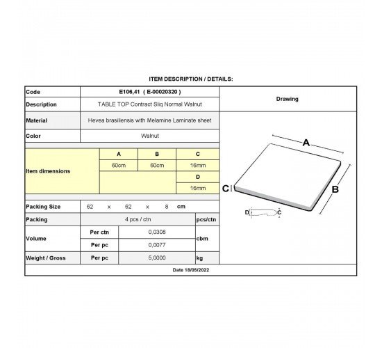 Contract Sliq Normal Επιφάνεια Τραπεζιού τ.Werzalit, Απόχρωση Walnut  60x60cm/16mm [-Καρυδί-] [-Melamine Laminated-] Ε106,41