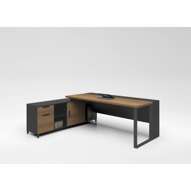 PROLINE Γραφείο Αναστρέψιμη Γωνία, 3 Συρτάρια, Ράφια, Απόχρωση Καρυδί Δρυς - Μαύρο  160x70/160x40 (H.75/63)cm [-Καρυδί-, -Μαύρο-] [-Melamine-] ΕΟ919