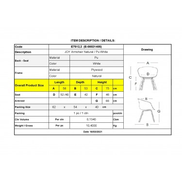 JOY-W Πολυθρόνα Τραπεζαρίας Φυσικό, Pu Άσπρο  57x55x80cm [-Άσπρο-, -Φυσικό-] [-PU - PVC-, -Ξύλο-] Ε7512,2W